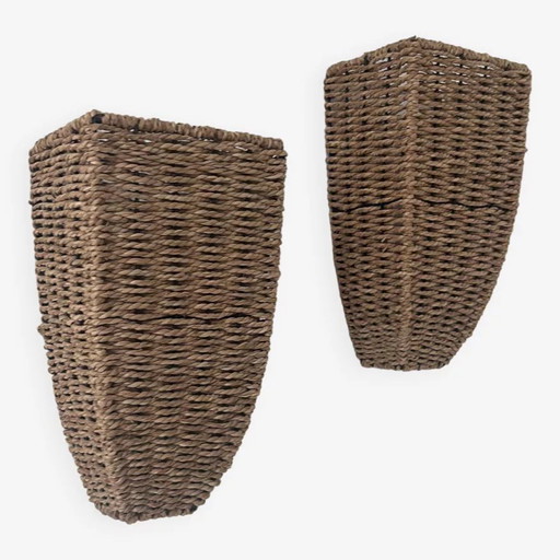 2 lámparas de pared vintage de ratán tejido, Francia, 1980
