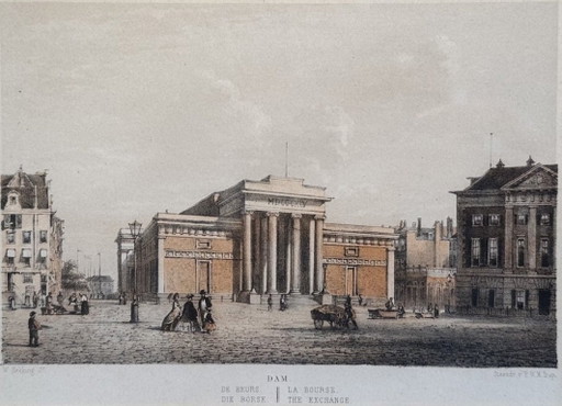 Litografia del 1869 della vecchia Borsa di Amsterdam. – lithos zeefdrukken, Glass, Paper (photo 2 of 7)