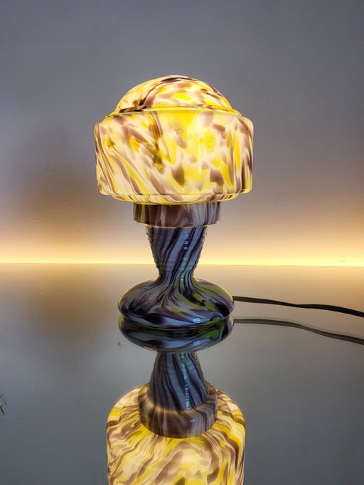 Art deco opaline glass table lamp in multicolor glass, Verreries de Scailmont, Henri Heemskerk, Belgium,1930s