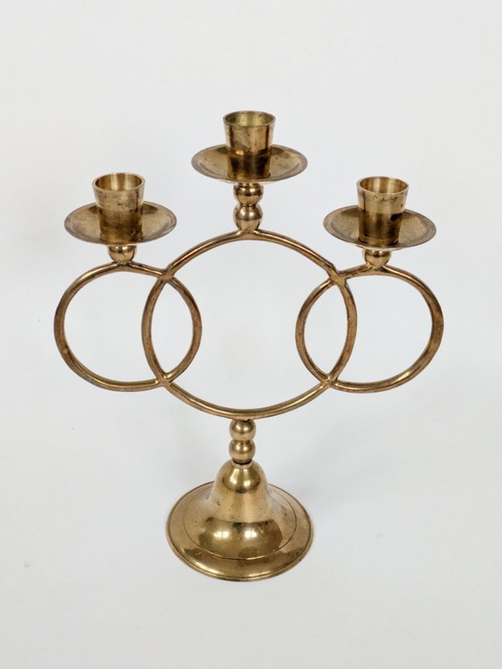 Image 1 of Candélabre vintage en laiton, porte-bougie conique à 3 bras, style milieu du siècle