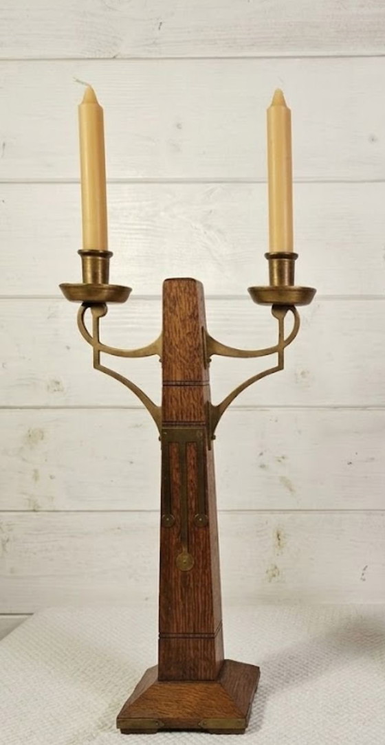 Rare Pair of Art Deco / Amsterdam School Candle holders, Amsterdamse School Kandelaars, Wood, Brass, Brown (photo 10 of 15)