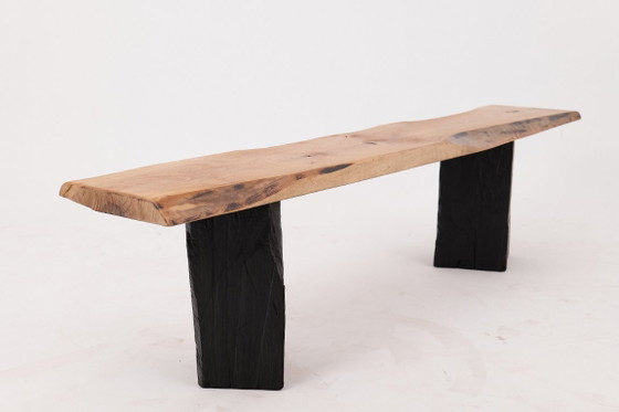 Image 1 of Live Edge Solid Wood Bench with Charred Legs, Organic Modern by Logniture