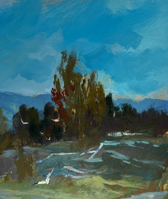 Image 1 of Original Oil Painting Summer Nature Landscape Mountain waterfall