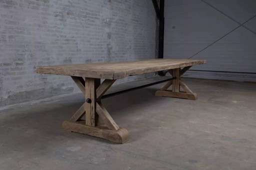 Table de ferme en chêne massif vieilli avec pieds Etoile - Longueur 200 cm