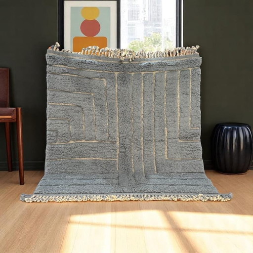 Groot Handgemaakt Natuurlijk Wollen Grijs Tapsi Berbertapijt Maat 3/4 M – Ahrend, vloerkleden en tapijten, Wool