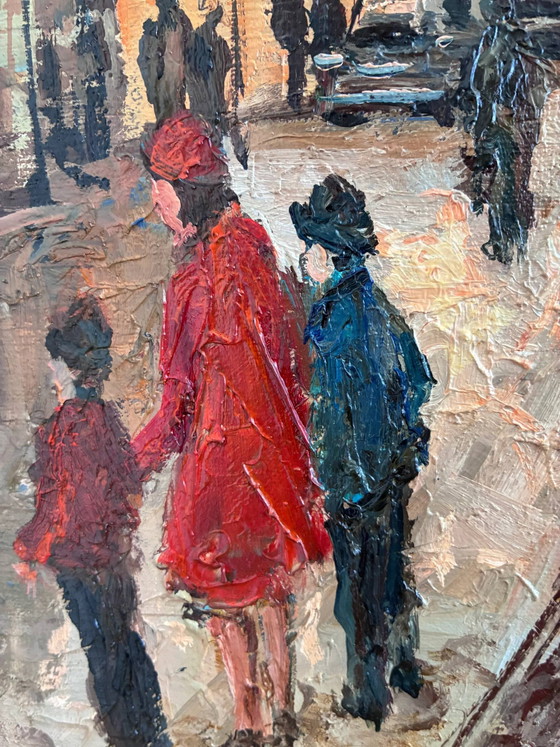 Image 1 of Peinture à l'huile originale d'époque représentant un paysage urbain bordé de canaux, datant des années 1970.