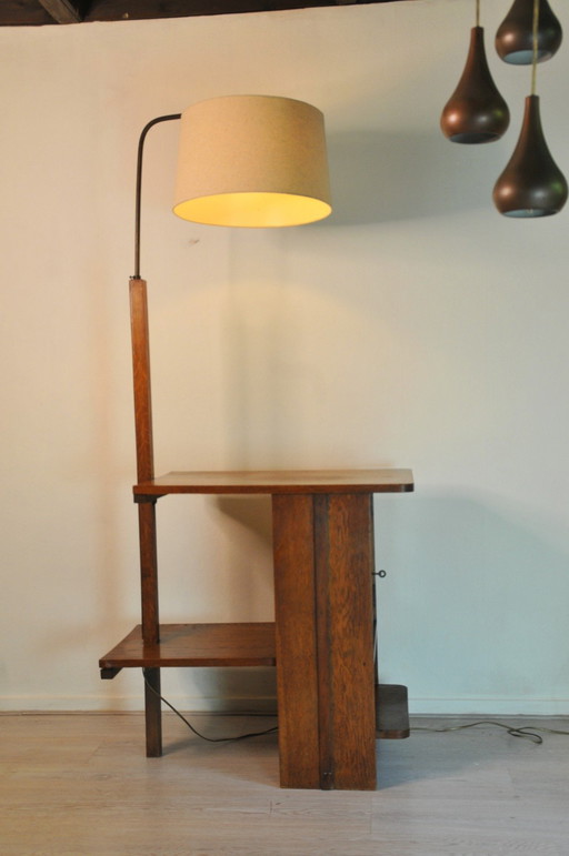 Rare art deco Amsterdam school floor lamp cabinet and side table in one