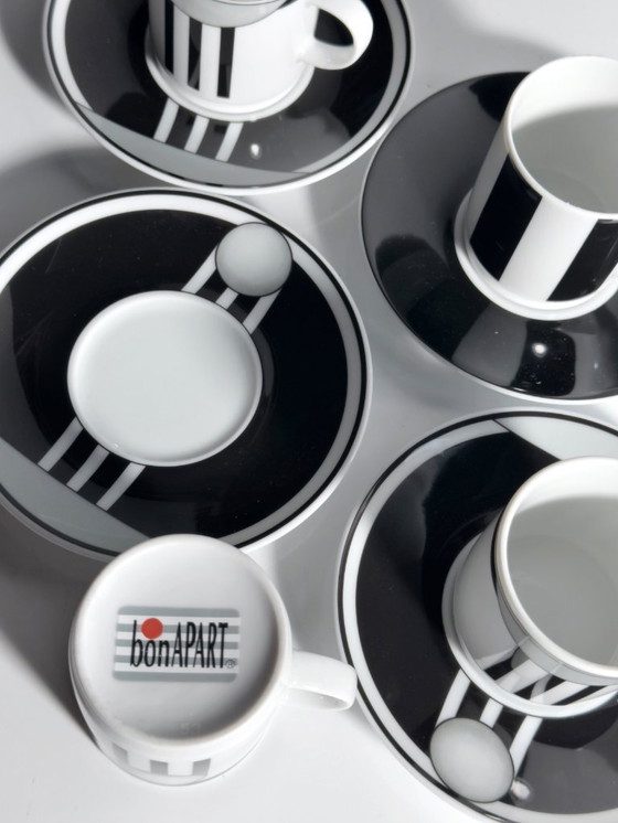 Image 1 of 4x Espresso Tassen 80er Art Deco Revival Bon Apart Grafisch Streifen Schwarz Weiß