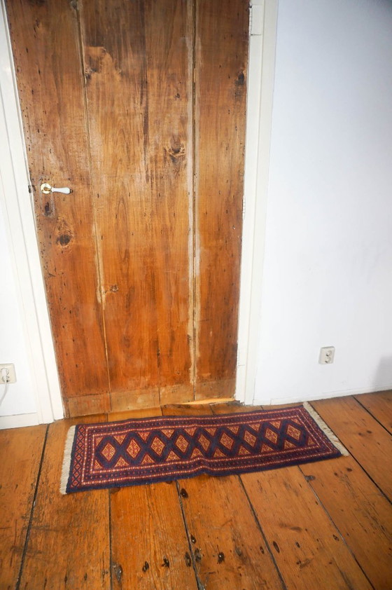 Image 1 of pakistani bokhara runner rug * vintage wool hallway carpet * red blue tribal narrow runner 