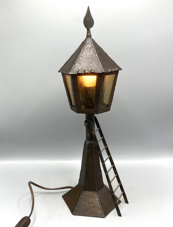 Image 1 of Vintage handgesmede smeedijzeren vuurtoren tafellamp – Rustieke 