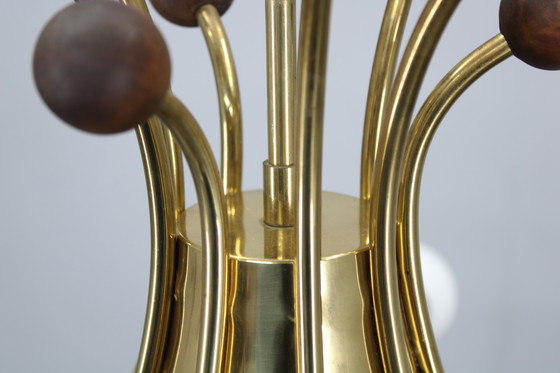 Image 1 of Lustre en laiton et teck en verre opalin Rupert Nikoll, Autriche, années 1960