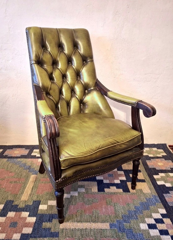 Image 1 of Mid Century Olive Green Tufted Leather Chesterfield Library Armchair, 1970s