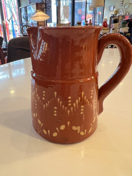 Vintage ceramic jug | 70s | Red-brown with beige decorations | Small flower vase