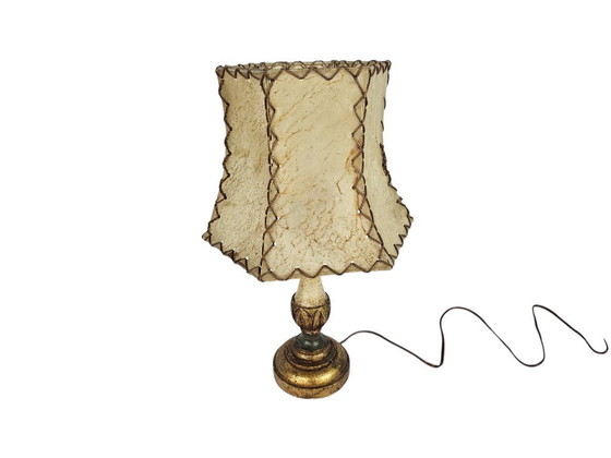 Image 1 of Italian wooden table lamp - gilded - Hollywood Regency style - pigskin handmade lampshade - 70's
