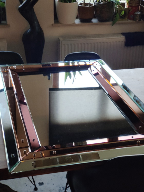 Image 1 of Grote Italiaanse Hollywood Regency Wandspiegel – 110x75 cm – Getint Glas – Eiken Kader – Jaren 70