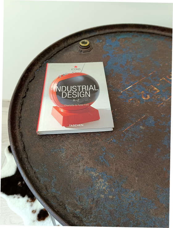 Image 1 of side table made from recycled drum -raw  & graphic design