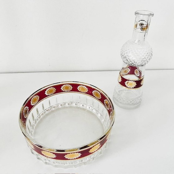 Image 1 of Service à thé vintage Stampi Francolini rouge rubis et or, comprenant un bol et une bouteille, en verre italien des années 1960