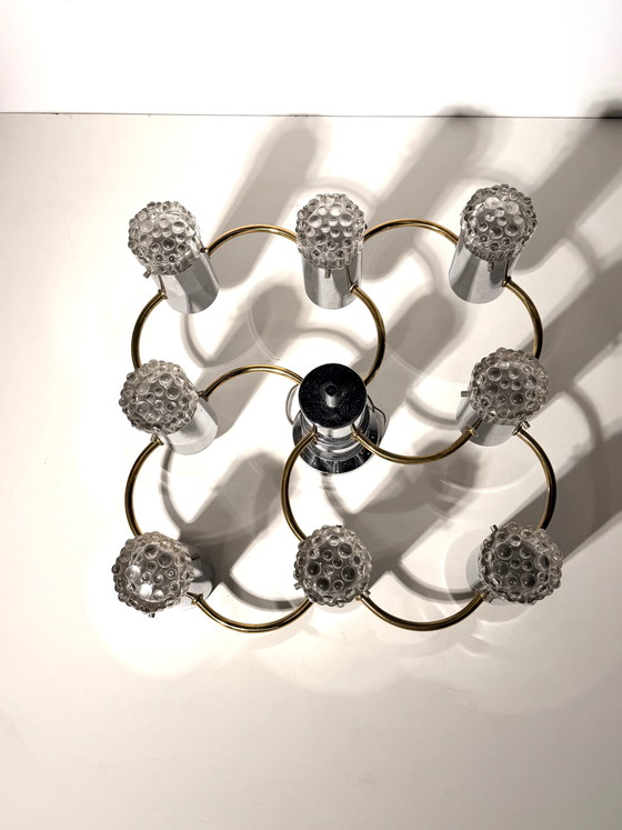 Vintage Duitse kroonluchter uit het ruimtetijdperk met 8 lampen, chroom en messing – jaren 70 – Glass (photo 4 of 5)