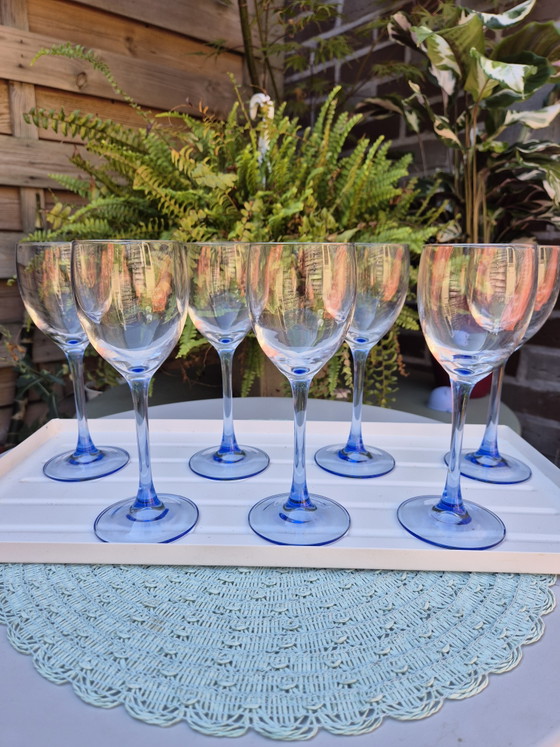 Vintage Luminarc Azur Wine Glasses, Set of 7 – Original Box – Made in France (blue stem) – Glass & Decanter (photo 10 of 12)