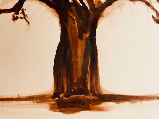 Image 1 of Pittura ad acquerello monocromatica BAOBAB collezione etnica Africa