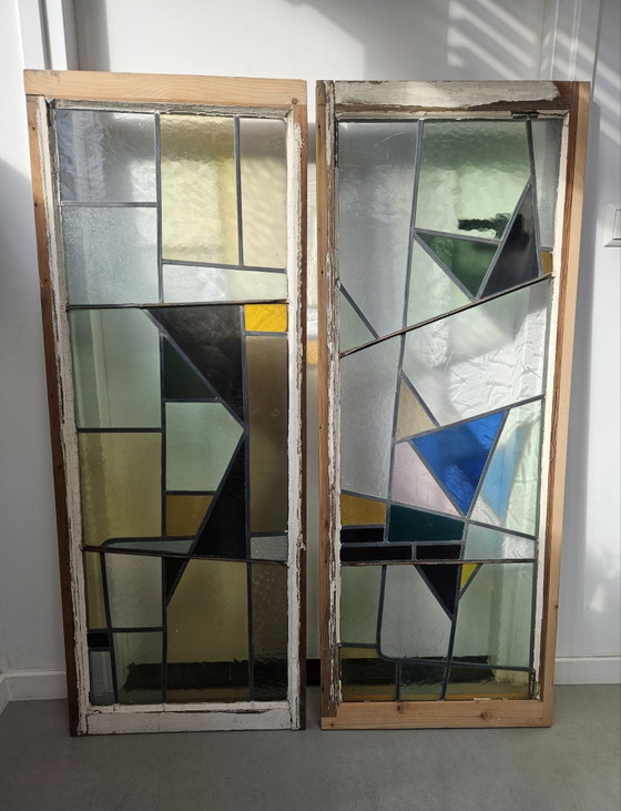 Set of antique Art Deco stained glass windows 50x130 cm., Decorative Objects, Metal, Wood, Multi Color (photo 14 of 14)