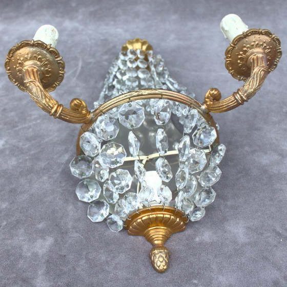 Image 1 of Antique set of 2 gilded brass sconces with crystal cutted drops romantic home decor from France