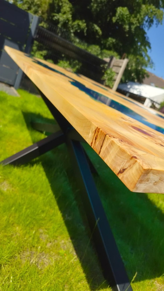 Image 1 of Root wood design table with blue epoxy – unique handmade piece