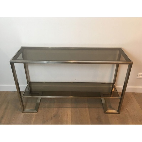 Image 1 of Vintage Console in Brushed Steel and Smoked Glass Trays 1970