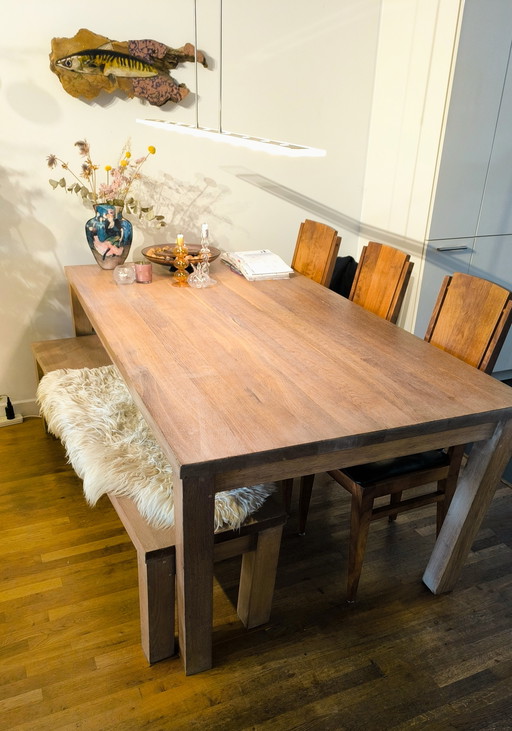 Dining table with bench, unique with slanted legs