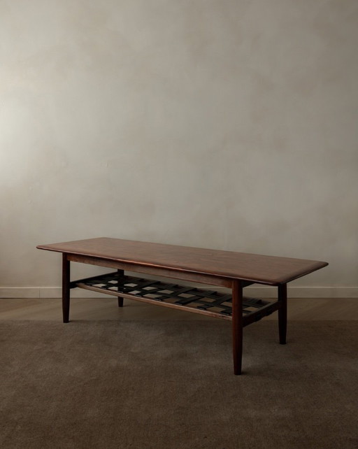 Vintage Rosewood Coffee Table With Leather Magazine Shelf by Topform, Mid-Century Dutch Design, 1960s