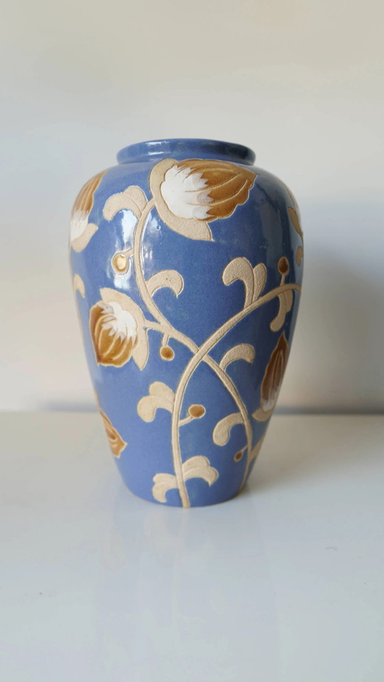 Glazed stoneware vase – floral decoration in relief – Keramis style – 1970s – Porcelain, Art Deco (photo 5 of 9)