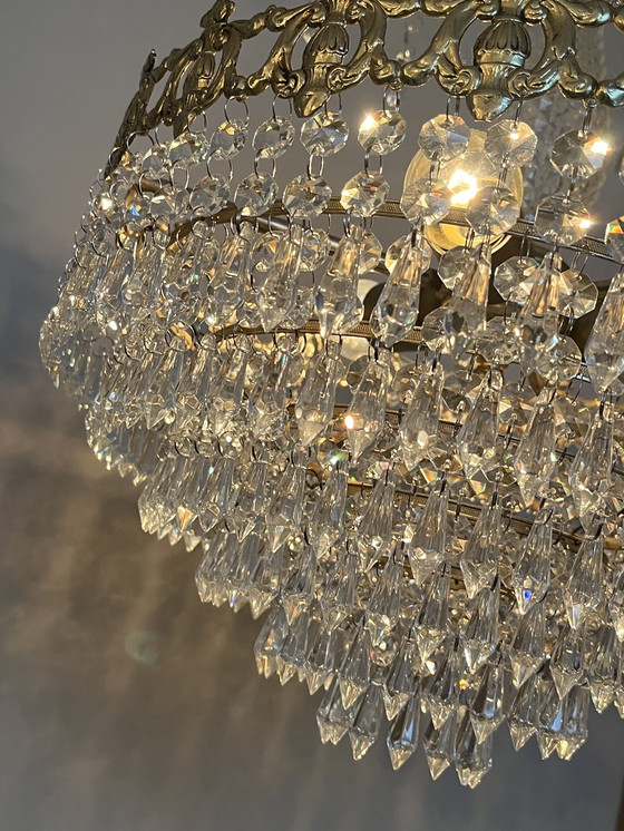 Image 1 of Vintage Crystal Chandelier Pendant Lamp Bronze Gold Frame