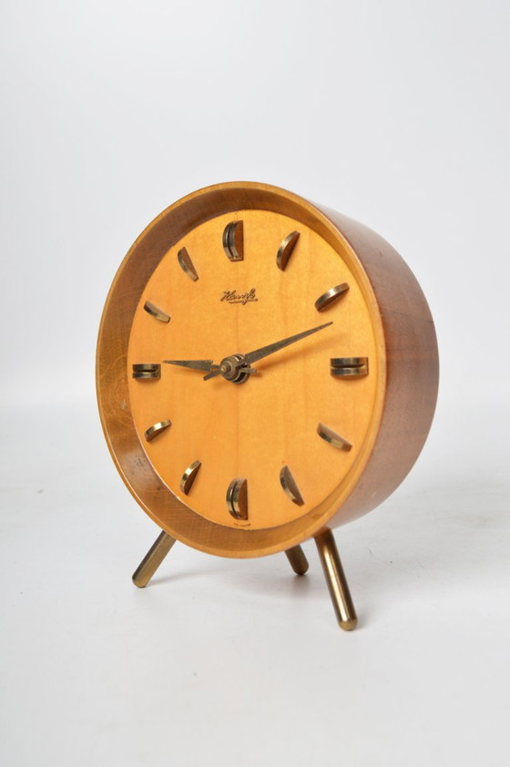 Image 1 of Mid Century Clock by Kienzle / Teak & Brass / Tripod Desk, Table or Shelf Clock / Germany, 1960's