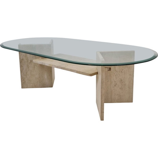 Mesa de centro vintage de travertino y cristal, Italia, 1980