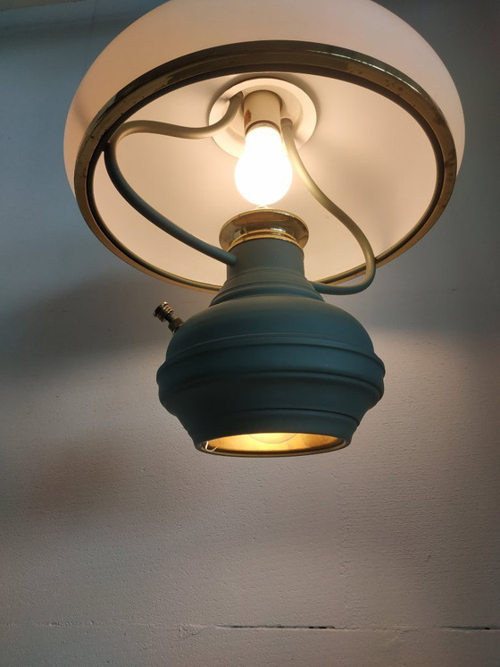 Image 1 of Schitterende Retro/vintage (elektrische)  mushroom 'olielamp' plafondlamp met 2 lichtbronnen 