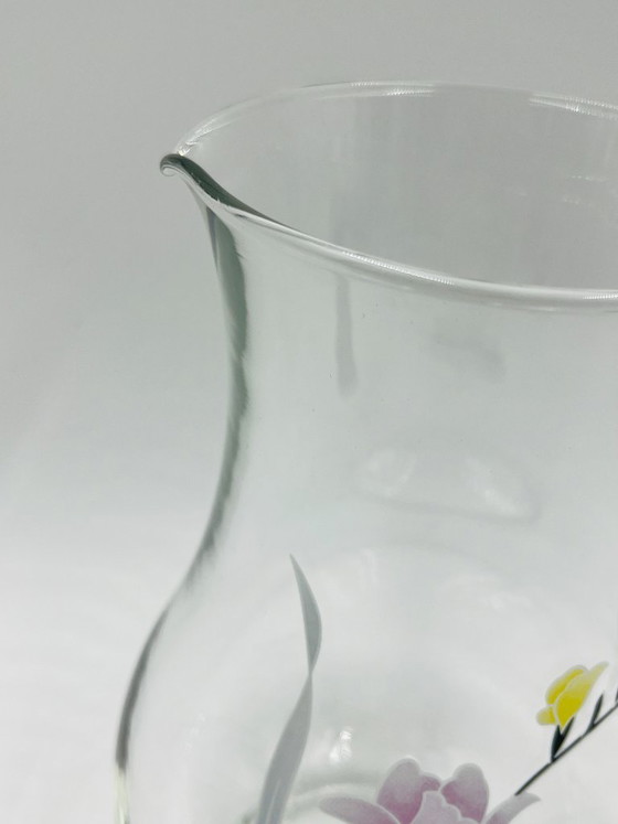 Image 1 of Servizio da caraffa in vetro vintage con decorazioni floreali.