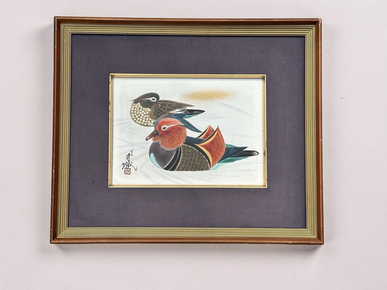 Vintage Japanese Silk Painting of Mandarin Ducks, Signed by the Artist Tsukishiro (月城) – Paintings & Drawings (photo 4 of 7)