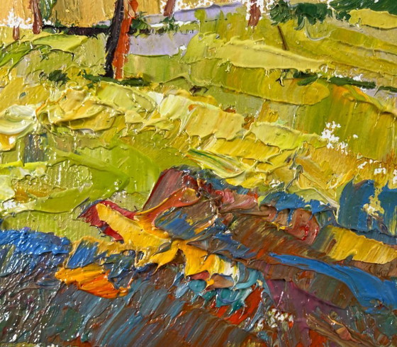 Image 1 of Origineel olieverfschilderij: Zomerdorplandschap, ontspanning vlakbij huis