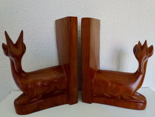 Serre-livres vintage en bois en forme d'antilopes