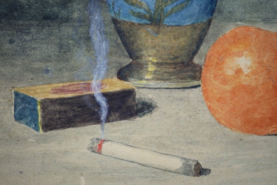 Image 1 of Naturaleza muerta con cigarrillo - Cuadro firmado por A. Moreau