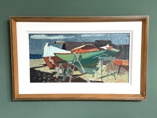 Scène portuaire moderniste du milieu du siècle « Bateau débarqué », huile sur toile de John Börén (1903-1983)