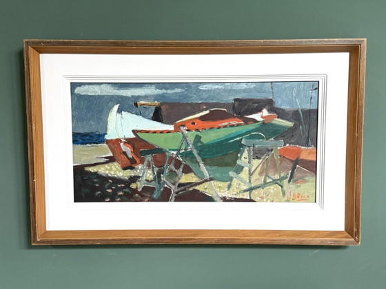 Image 1 of Scène portuaire moderniste du milieu du siècle « Bateau débarqué », huile sur toile de John Börén (1903-1983)