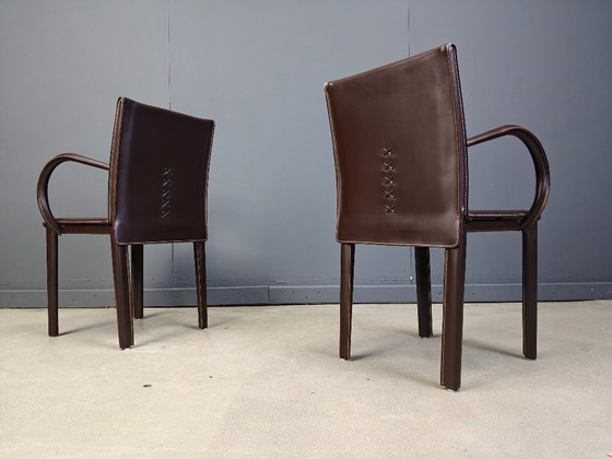Image 1 of Pair of brown leather armchairs by Arper italy, 1980s