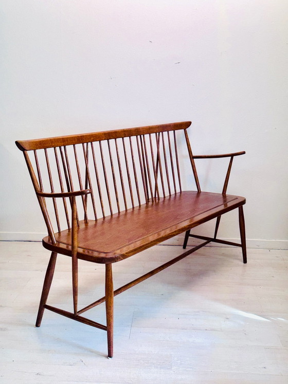 Vintage mid-century wooden slatted bench 1960s, Benches, Brown (photo 2 of 13)