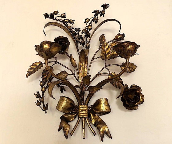 Image 1 of Pair of Gold Plated Wall Double Candleholders with Roses by Hans Kögl, 1960s