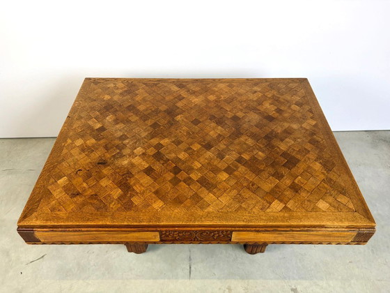 Table de salle à manger en marqueterie de chêne, années 1940 - France – Tables de salle à manger, Wood (photo 9 of 12)
