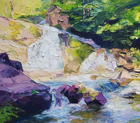 Image 1 of Original Oil Painting Natural Landscape Mountains Waterfall in Nature