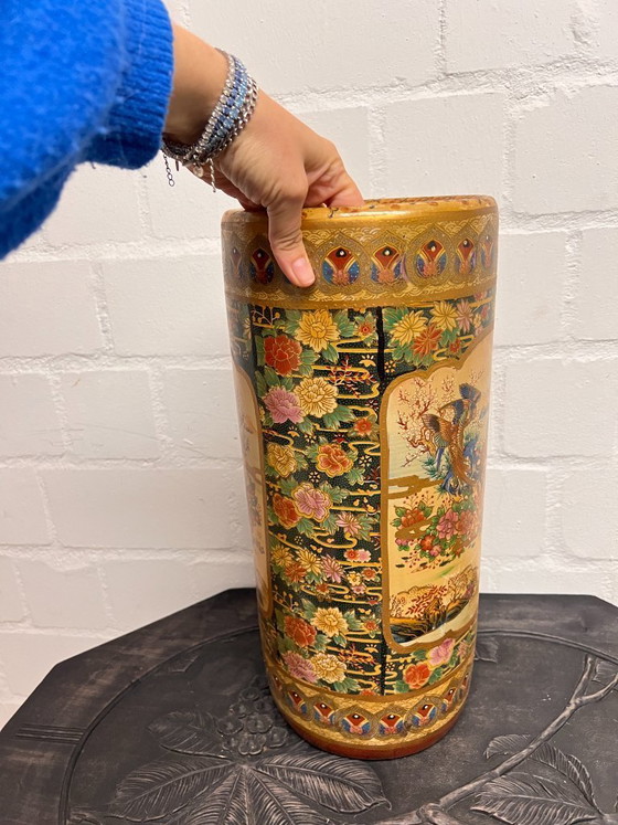 Image 1 of Vintage Satsuma large floor vase umbrella stand Japanese chinoiserie ceramic vase