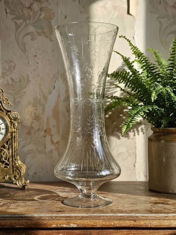 Image 1 of Very large vintage engraved blown glass vase from the 2000s in an antique style