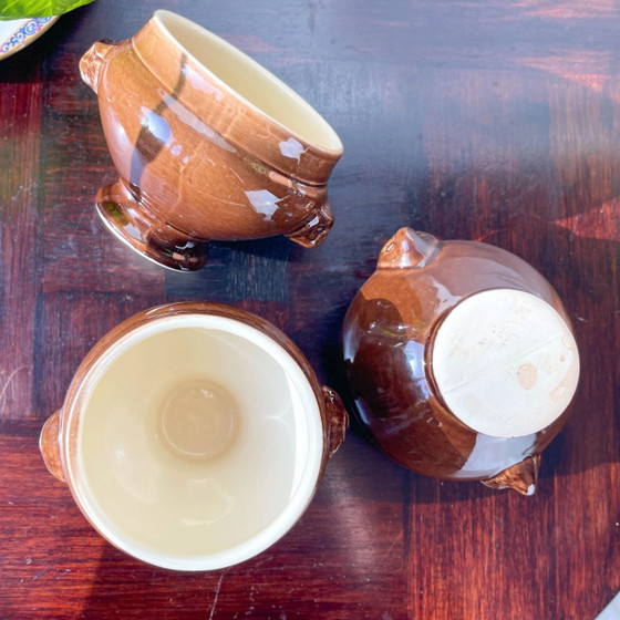 6 Vintage Ceramic Emile Henry Lion Head Onion Soup Bowls - Brown, Made in France (photo 9 of 10)